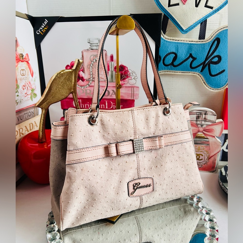 Guess Y2K pink and taupe with an ostrich texture and a bow detail shoulder bag
